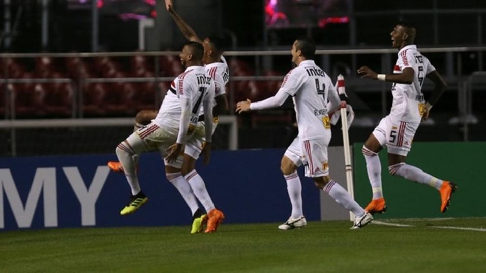 Players of Sao Paulo celebrate a goal